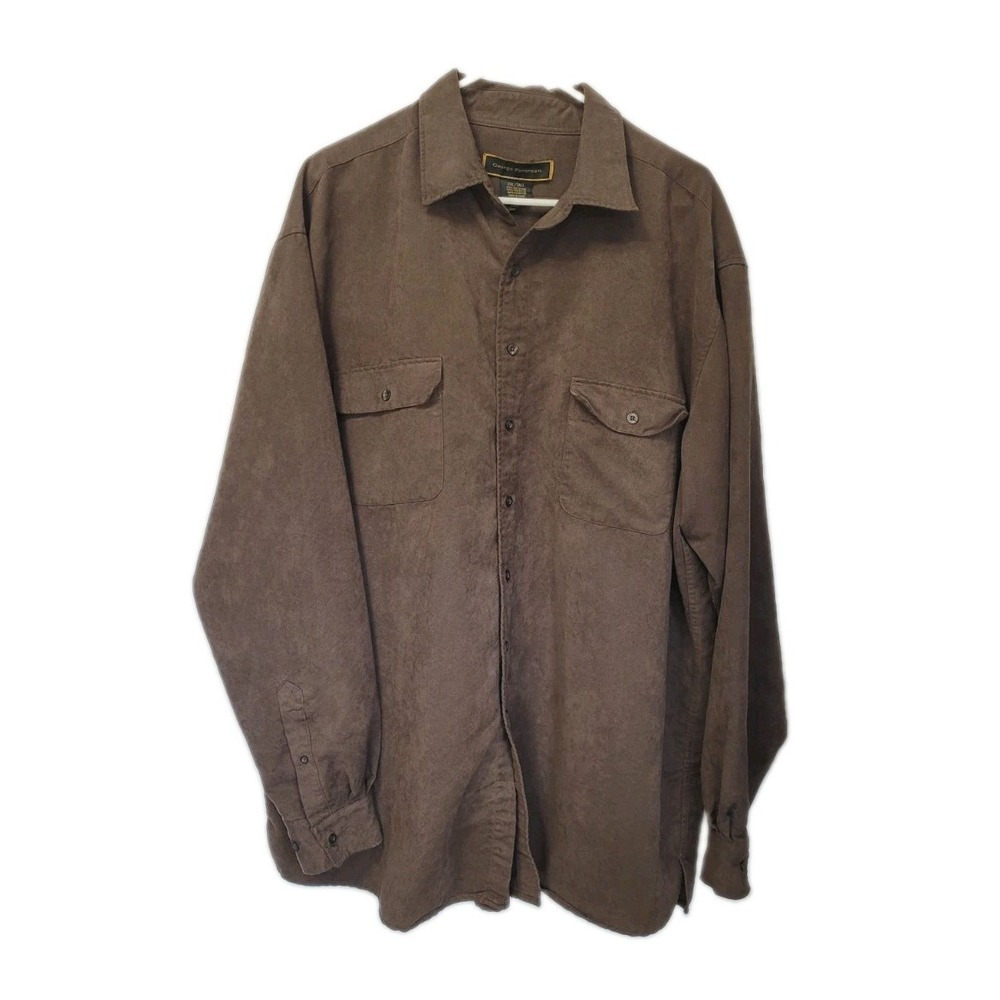 George Foreman Mens 2X Tall Faux Suede Shirt Brown Long Sleeve Button Front